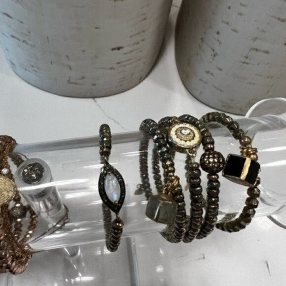 Bracelet Set of 5 Gold Bracelets with Natural Gemstones - Gold Bracelets - Picture 5 of 7